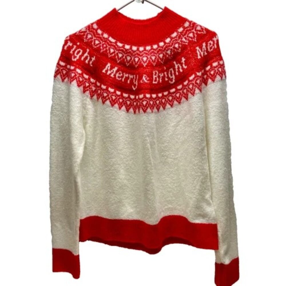 Holiday Time‎ Christmas Sweater Women's Large Red White Merry & Bright Mock Neck